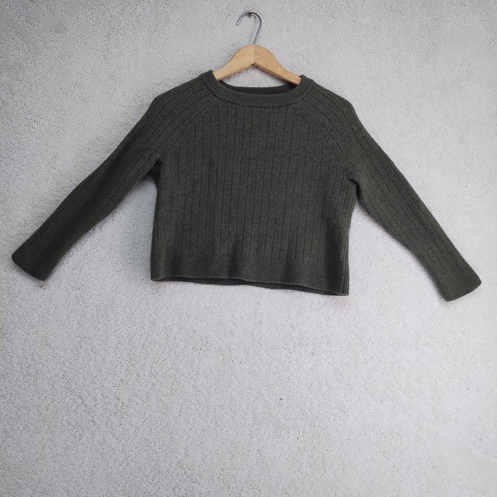 Womens Crewneck Sweater S Olive Ribbed Knit Pullover Long Sleeve Cozy